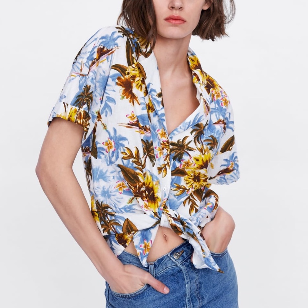 Zara Floral Button Down Shirt - Blue, White, Yellow, Brown